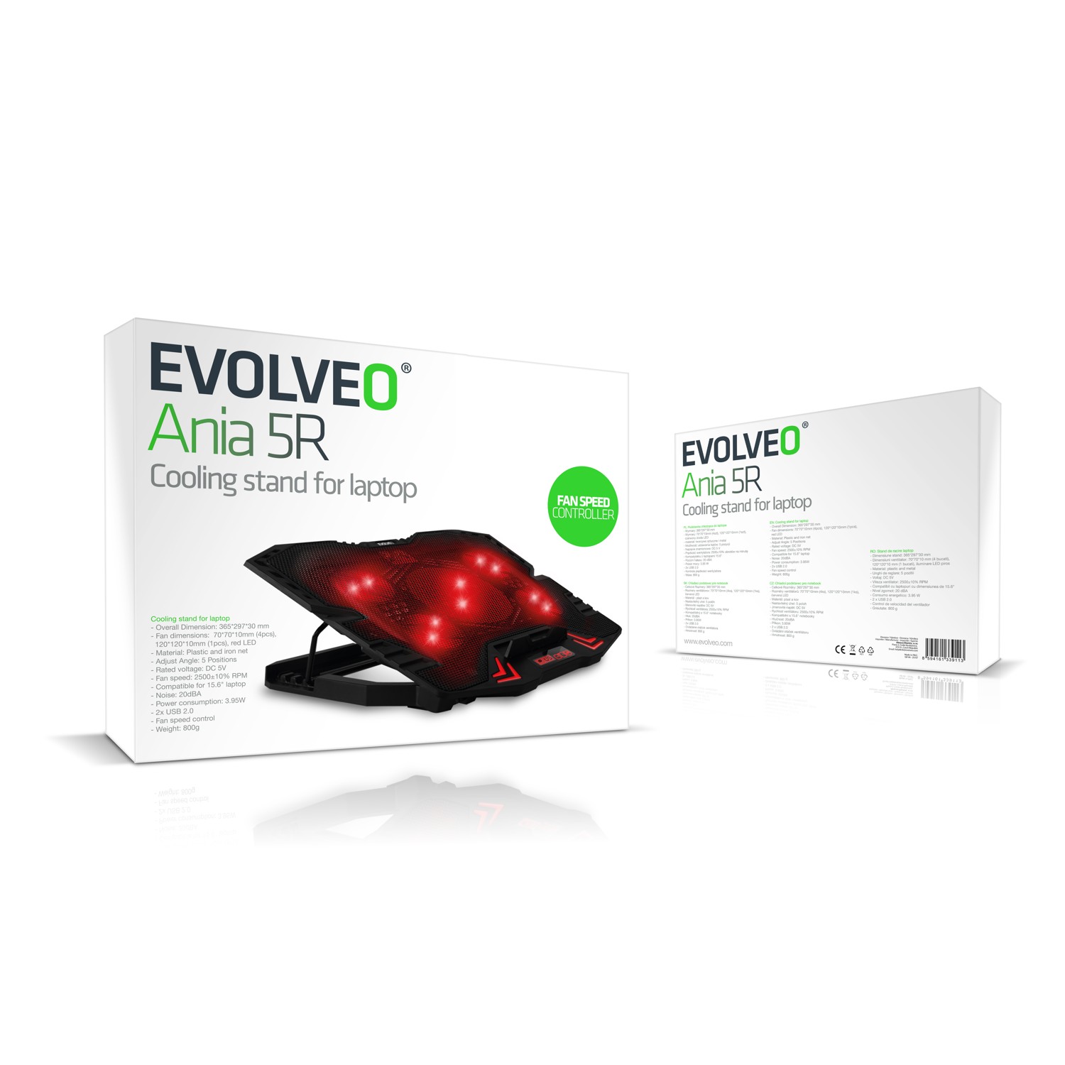 EVOLVEO Ania 5R, chladiaca podložka pre notebook do 15, 6", 5x ventilátor, červené podsvietenie 