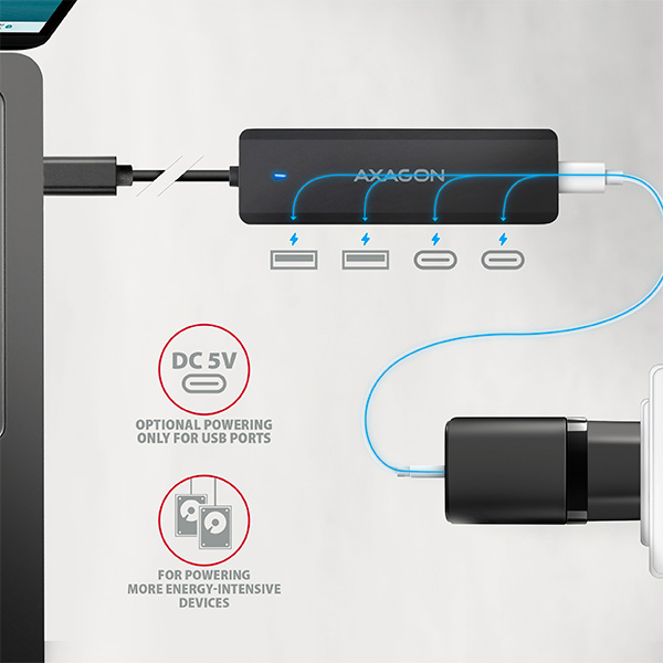 AXAGON HUE-C2C, 4× USB 5Gbps TRAVEL hub, 2× USB-A + 2× USB-C, USB-C napájanie, kábel USB-C 19cm 