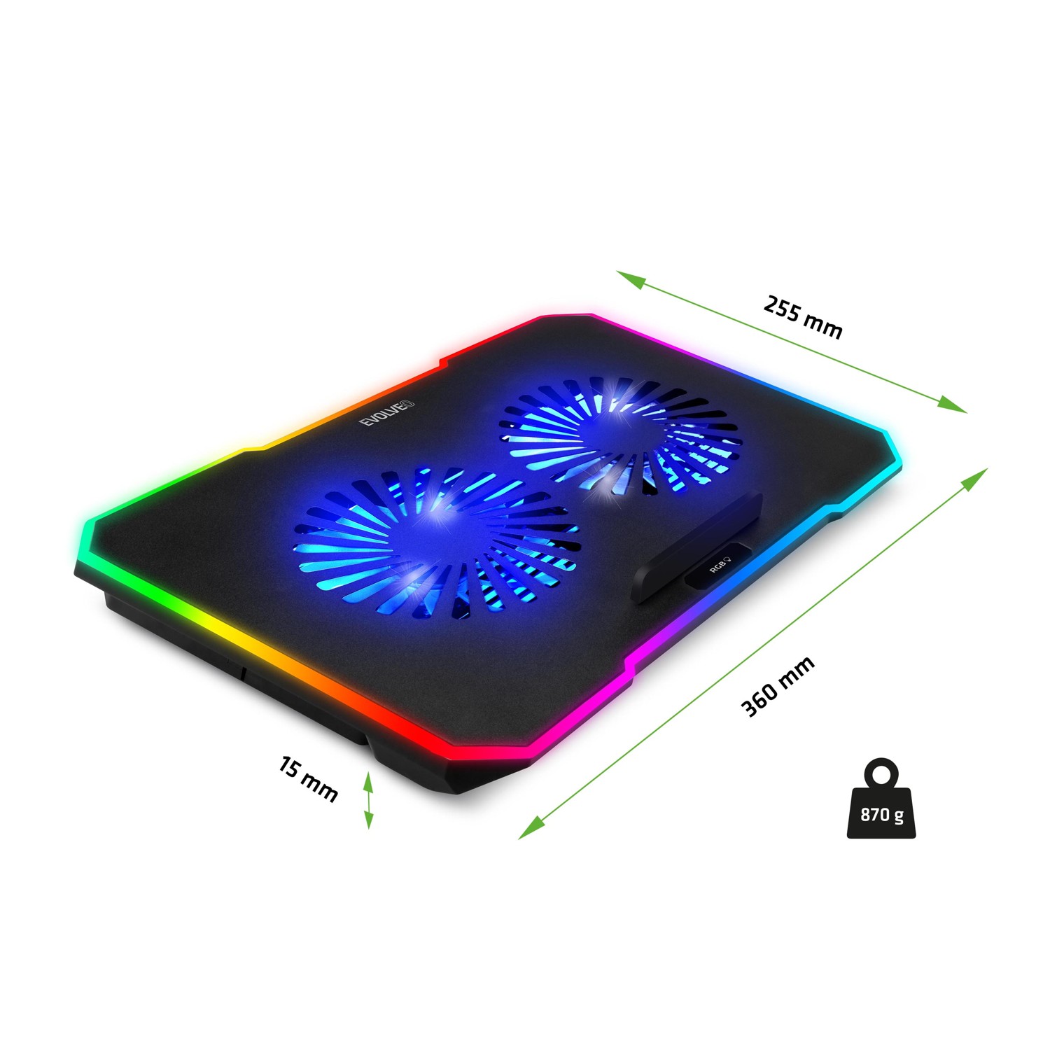 EVOLVEO CoolPro, chladiaca podložka pod notebook do 17", 2x ventilátor, RGB podsvietenie 