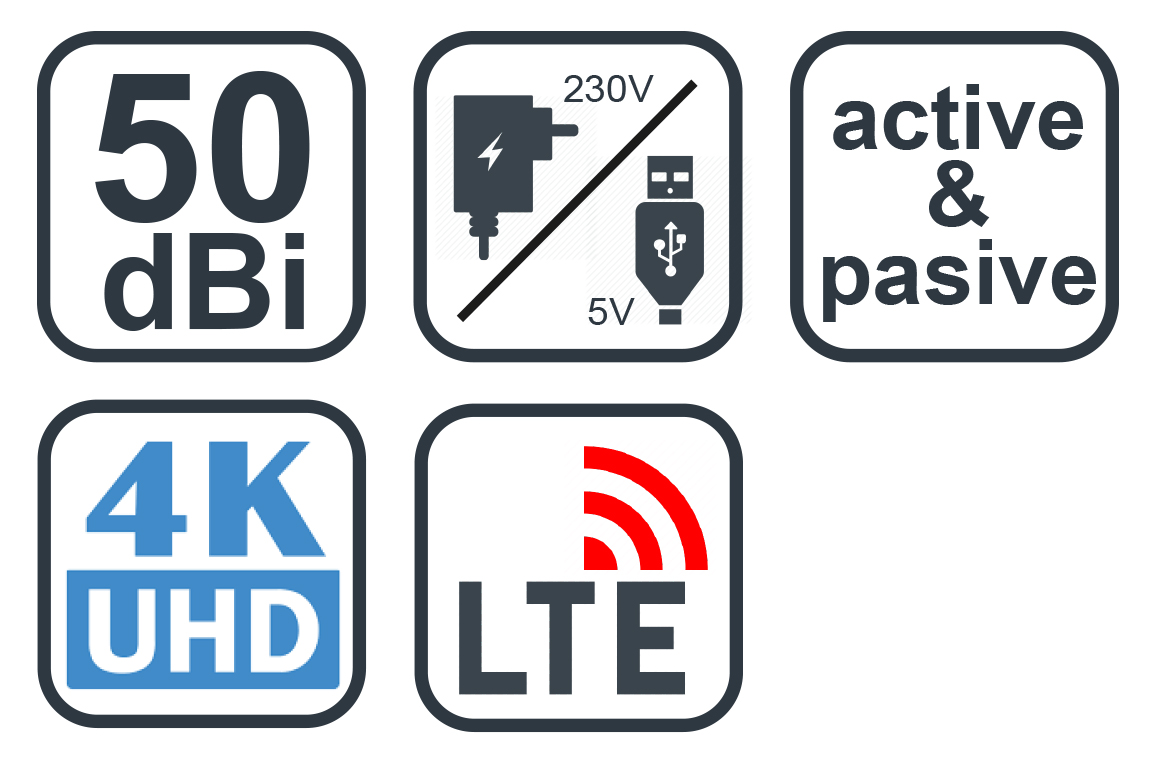 EVOLVEO Xany 1, 230/ 5V, aktívna izbová anténa DAB+/ DVB-T2, filter LTE, 4G, 5G 