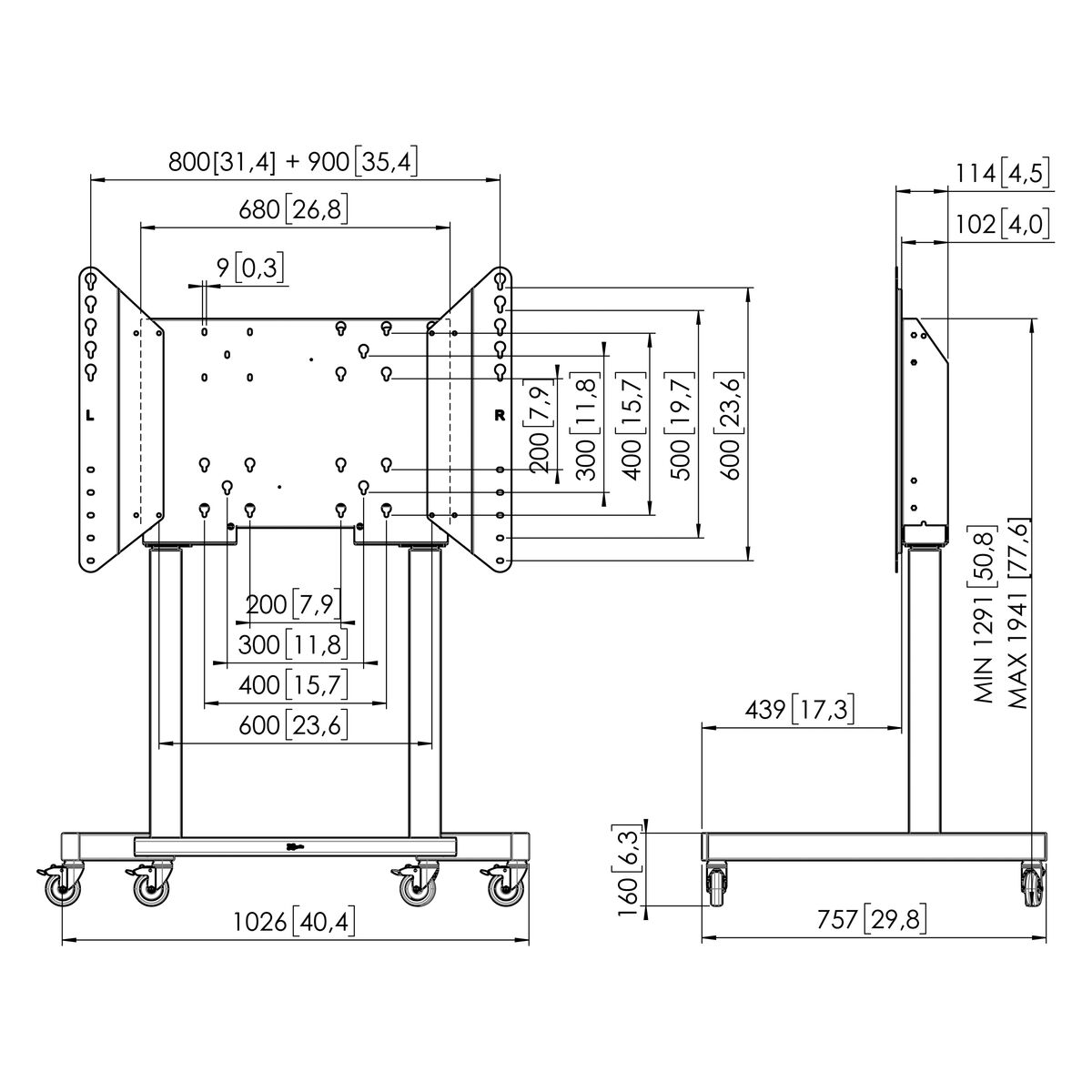 Vogel"s TL 1500 pojazdný podlahový lift pre TV 43-98", 120kg, stred TV 1091-1741mm, VESA max 800x600 
