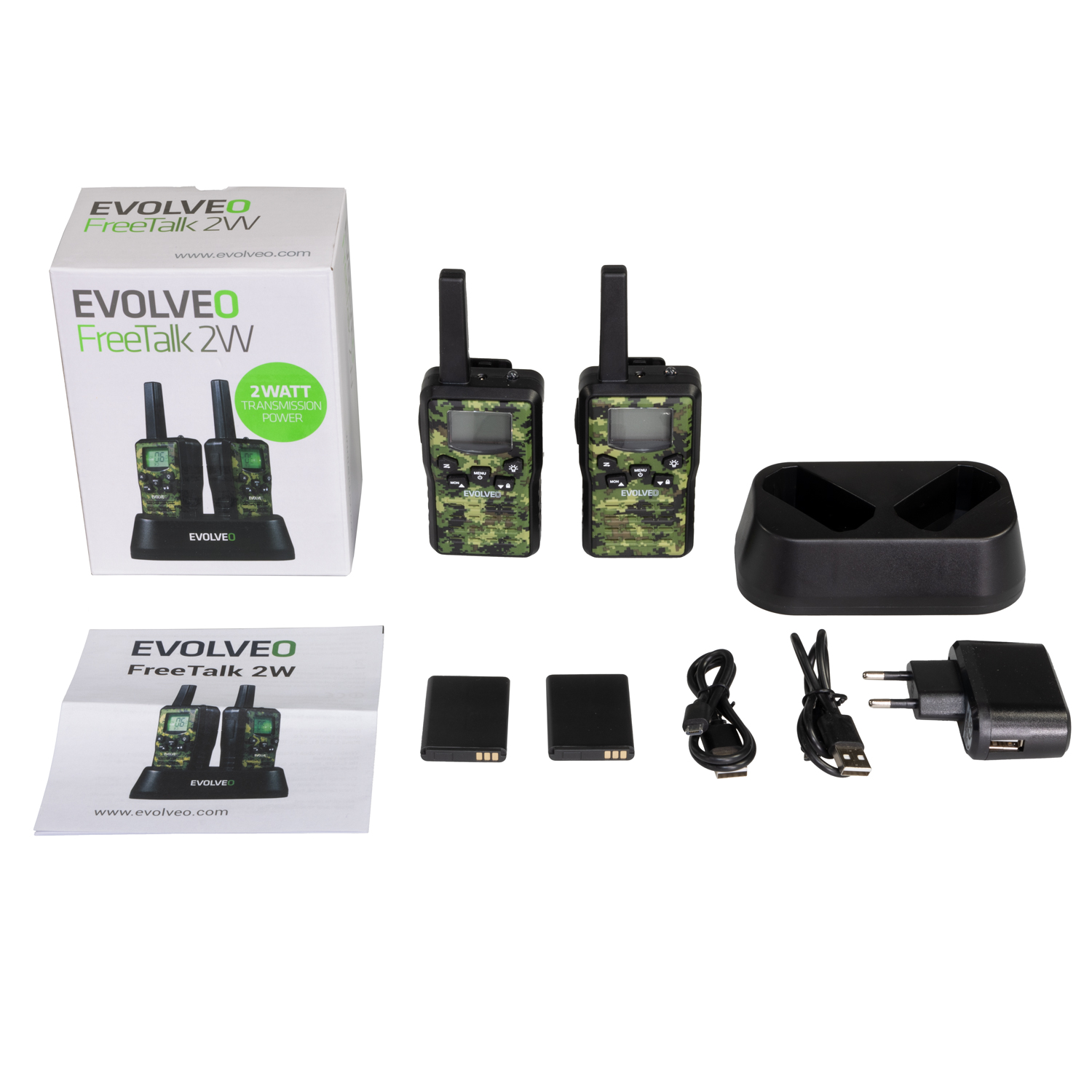 EVOLVEO FreeTalk 2W, PMR vysielačka s výkonom 0, 5 a 2W, poľovnícka kamufláž 
