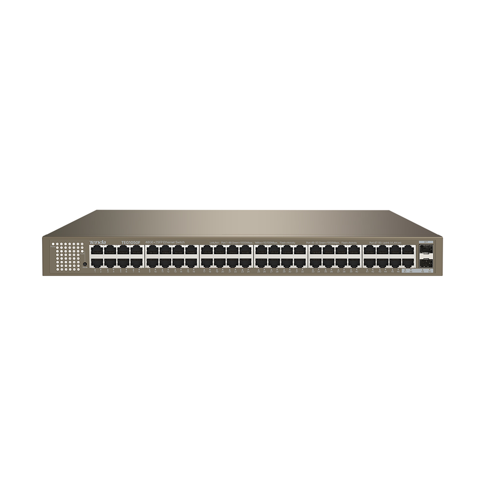 Tenda TEG1050F Gigabit switch so SFP, 48x RJ45 + 2x SFP, Fanless - bez ventilátorov, Rackmount, VLAN 