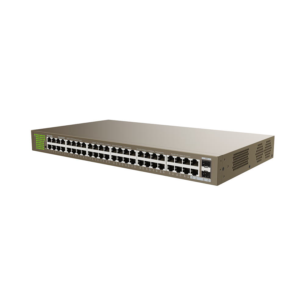 Tenda TEG1050F Gigabit switch so SFP, 48x RJ45 + 2x SFP, Fanless - bez ventilátorov, Rackmount, VLAN 