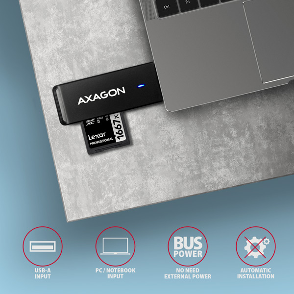 AXAGON CRE-S2N, USB-A 3.2 Gen 1 - SUPERSPEED čítačka kariet, 2-slot & lun SD/ microSD, podpora UHS-I 