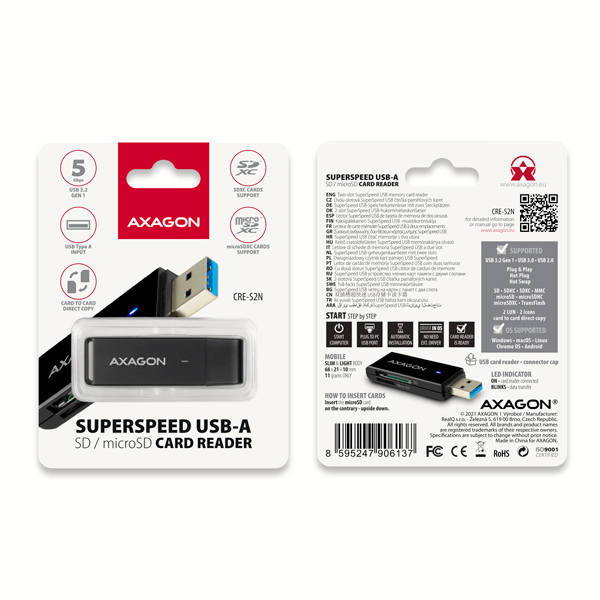 AXAGON CRE-S2N, USB-A 3.2 Gen 1 - SUPERSPEED čítačka kariet, 2-slot & lun SD/ microSD, podpora UHS-I 
