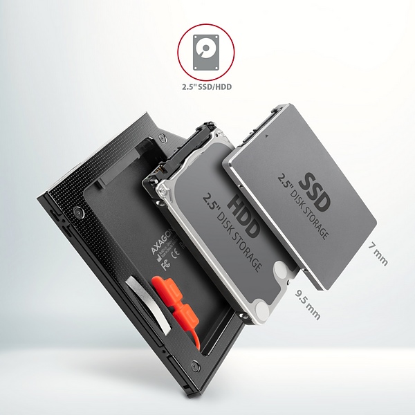 AXAGON RSS-CD09 rámček pre 2.5" SSD/ HDD do DVD slotu, 9.5 mm, LED, hliník 