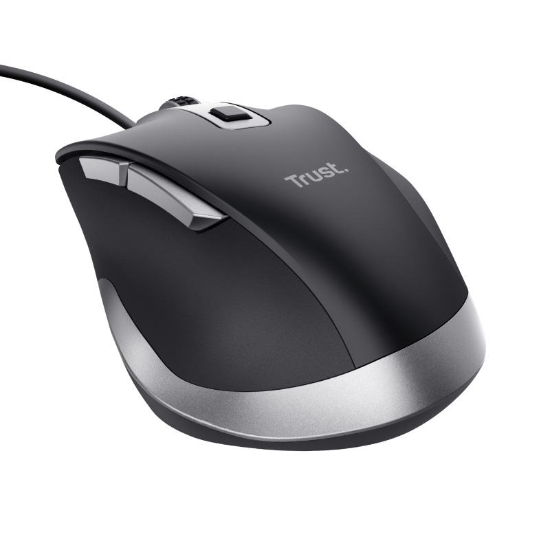 TRUST Fyda/ Ergonomická/ Optická/ Pre pravákov/ 5 000 DPI/ Drôtová USB/ Čierna-strieborná 