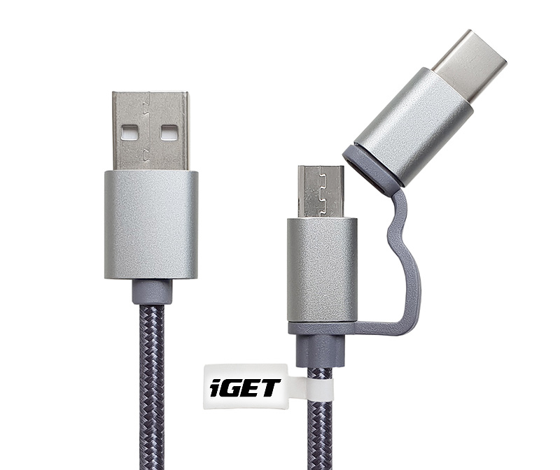 iGET G2V1 - USB kábel Micro USB/ USB - C dlhý pre všetky mobilné telefóny, vrátane odolných 