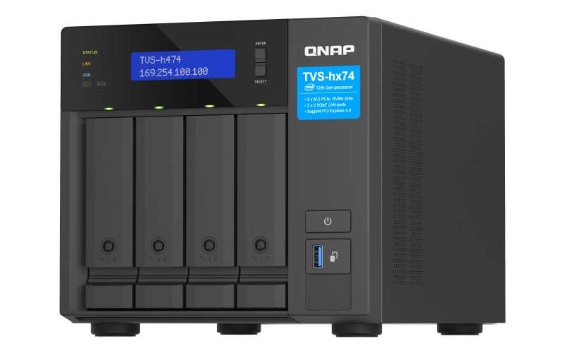 QNAP TVS-h474-PT-8G (2core 3, 7 GHz, ZFS, 8 GB RAM, 4x SATA, 2x M.2 NVMe, 2x PCIe, 2x 2, 5GbE, 1x HDMI) 