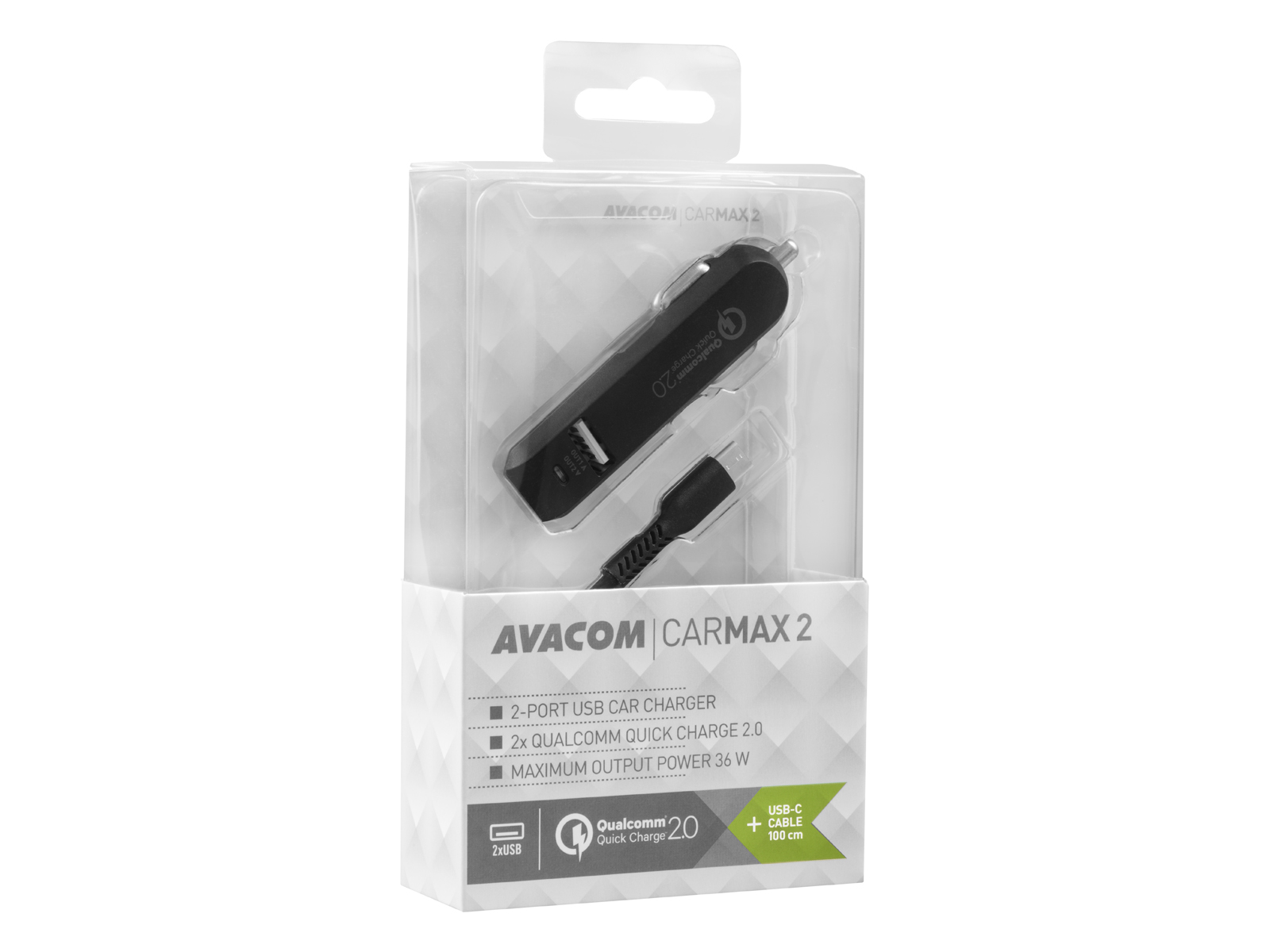 AVACOM CarMAX 2 nabíjačka do auta 2x Qualcomm Quick Charge 2.0, čierna farba (USB-C kábel) 