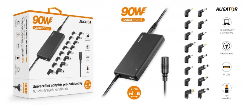 Univerzálny adaptér pre notebooky so 16 výmennými konektormi a USB, 90W 