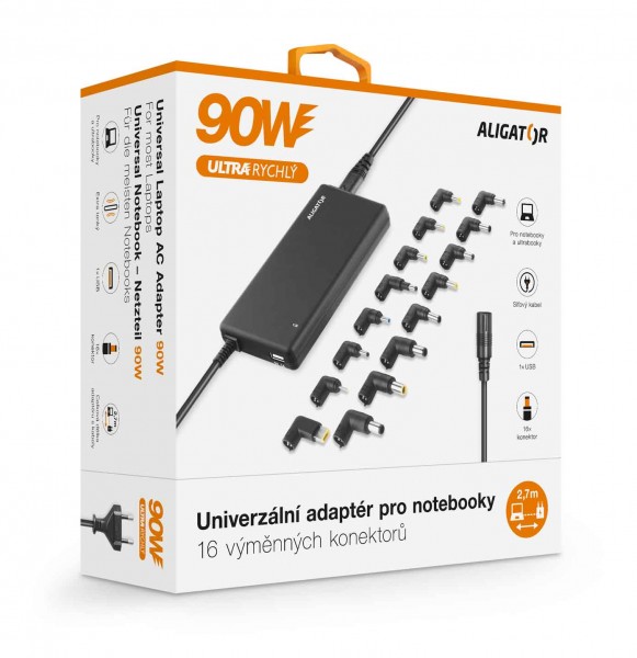 Univerzálny adaptér pre notebooky so 16 výmennými konektormi a USB, 90W 