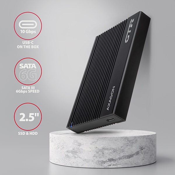 AXAGON EE25-GTR, USB-C 10Gbps - SATA 6G 2.5" RIBBED box, čierny 