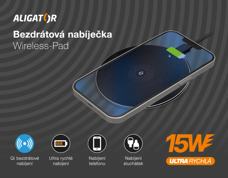 ALIGATOR bezdrôtová nabíjačka Aligator Pad 15W čierna 