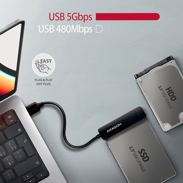 AXAGON ADSA-FP2A, USB-A 5Gbps - SATA 6G 2.5" SSD/ HDD SLIM adaptér 
