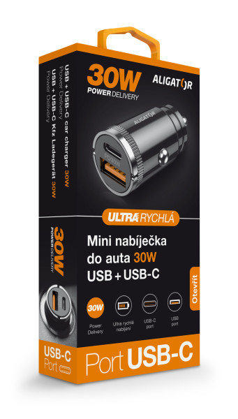 Aligator mini nabíjačka do auta Power Delivery 30W, USB-C + USB-A 