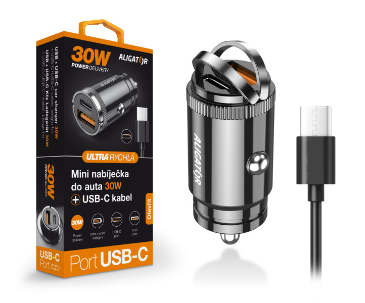Aligator mini nabíjačka do auta Power Delivery 30W, USB-C + USB-A, USB-C/ USB-C kábel