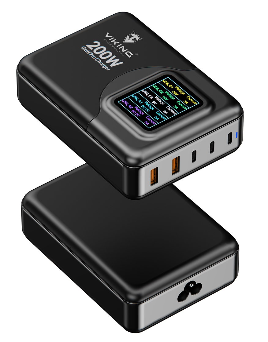 Viking USB GaN charger 200W PD PRO/ sieťový adaptér/ Output:3xUSB-C, 2xUSB-A/ Rýchlo nabíjania/  