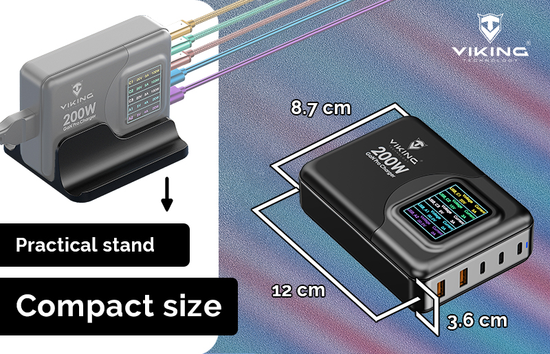 Viking USB GaN charger 200W PD PRO/ sieťový adaptér/ Output:3xUSB-C, 2xUSB-A/ Rýchlo nabíjania/  