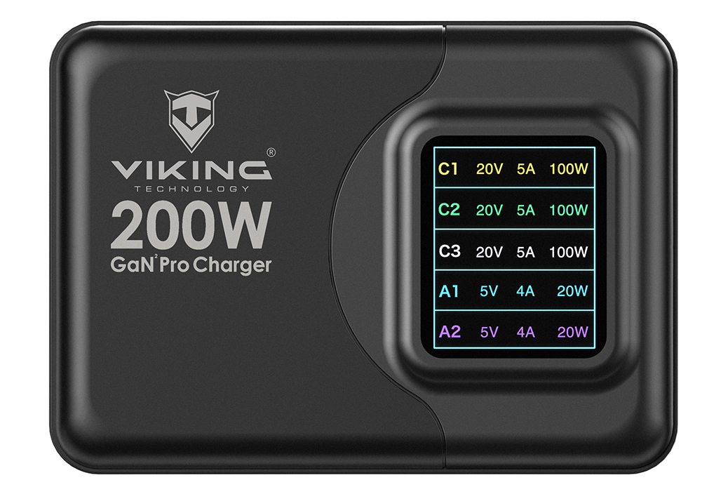 Viking USB GaN charger 200W PD PRO/ sieťový adaptér/ Output:3xUSB-C, 2xUSB-A/ Rýchlo nabíjania/ 