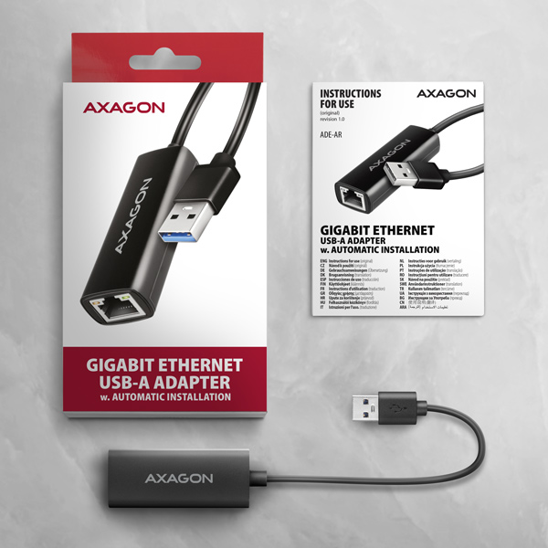 AXAGON ADE-AR, USB-A 3.2 Gen 1 - Gigabit Ethernet sieťová karta, Realtek 8153, auto inštal 