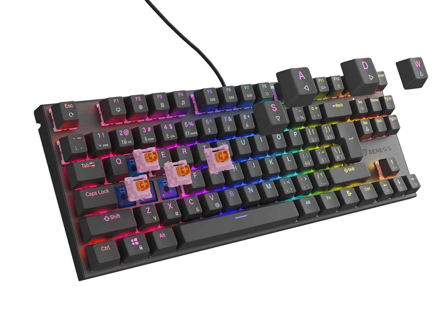 Genesis tichá herná klávesnica THOR 303/ TKL/ RGB/ Outemu Peach/ Drôtová USB/ CZ- SK layout/ Čierna 