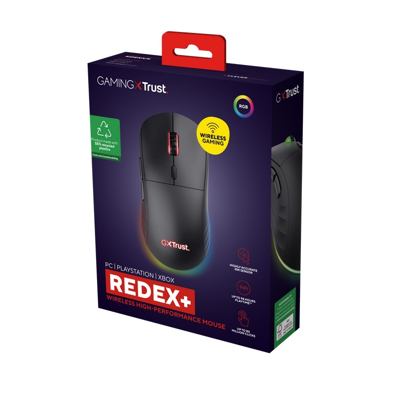 Trust GXT 927 REDEX+/ Herná/ Laserová/ Pre pravákov/ 25 600 DPI/ Drôtová+bezdrôtová/ Čierna 