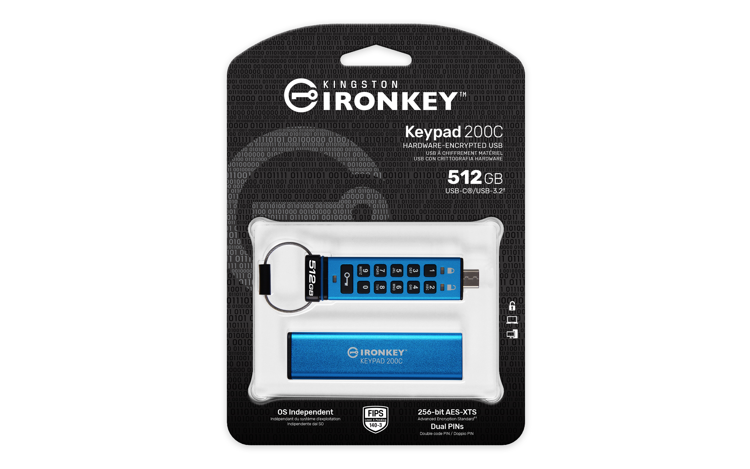 Kingston IronKey Keypad 200C/ 512GB/ USB 3.2/ USB-C/ Modrá 