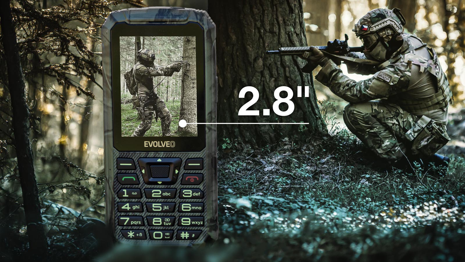 EVOLVEO StrongPhone Z6, IP68 odolný Dual SIM telefón, 2, 8" LCD, 4000mAh, Powerbanka, lovec. kamufláž 