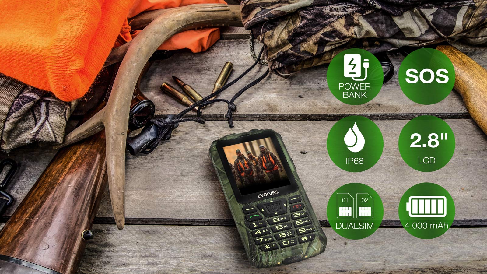 EVOLVEO StrongPhone Z6, IP68 odolný Dual SIM telefón, 2, 8" LCD, 4000mAh, Powerbanka, lovec. kamufláž 