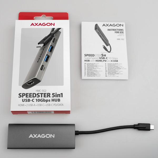 AXAGON HMC-5G2, USB 10Gbps hub, porty 2x USB-A, 2x USB-C, HDMI 4k/ 60, PD 100W, kábel USB-C 13cm 