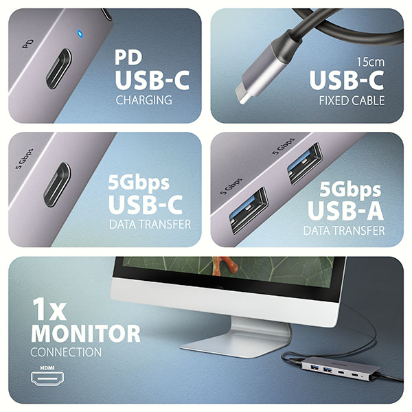 AXAGON HMC-5H60, USB 5Gbps hub, porty 2x USB-A, 1x USB-C, HDMI 4k/ 60, PD 100W, kábel USB-C 15cm 
