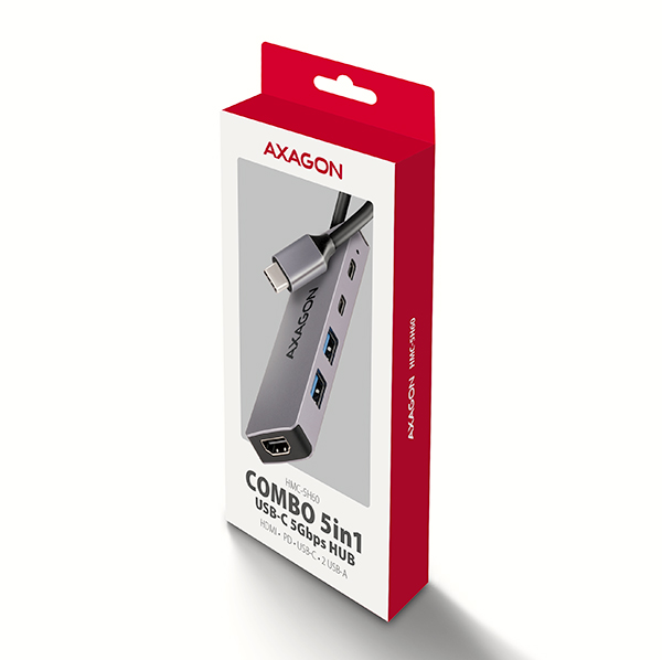AXAGON HMC-5H60, USB 5Gbps hub, porty 2x USB-A, 1x USB-C, HDMI 4k/ 60, PD 100W, kábel USB-C 15cm 