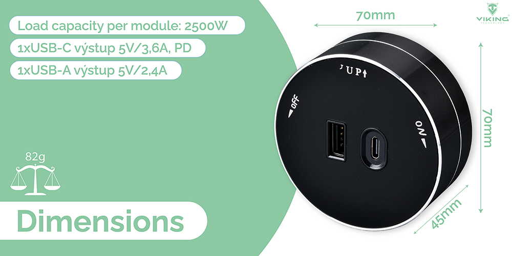 Zásuvkový modul Viking A60SB, strieborno-čierna/ výstupy - 1xUSB-A, 1xUSB-C/ výkon až 2500W/ 230V, 16A, 50Hz 