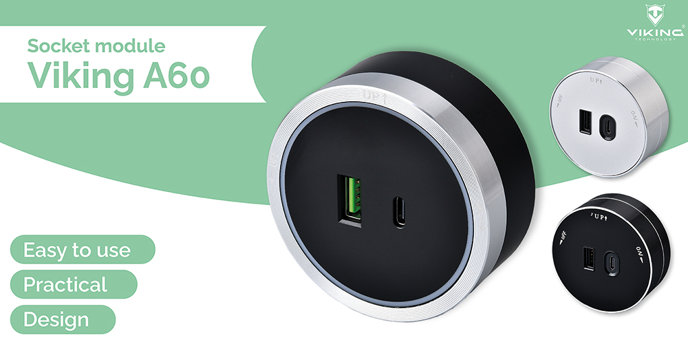 Zásuvkový modul Viking A60S, strieborná/ výstupy - 1xUSB-A, 1xUSB-C/ výkon až 2500W/ 230V, 16A, 50Hz 