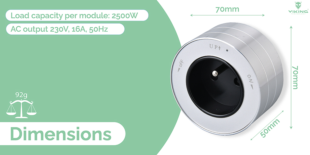 Zásuvkový modul Viking A30SB, strieborno-čierna/ výstupy - 1xAC/ výkon až 2500W/ 230V, 16A, 50Hz/ Zásuvka typ 