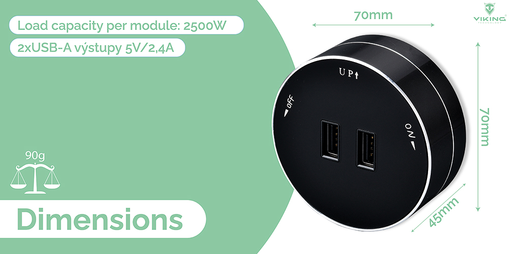 Zásuvkový modul Viking A50B, čierna/ výstupy - 1xUSB-A/ výkon až 2500W/ 230V, 16A, 50Hz 
