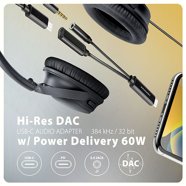 AXAGON ADA-HCPD, USB-C na 3.5mm jack - Hi-Res DAC audio adaptér, 384kHz/ 32bit, stereo, PD 60W 3A 
