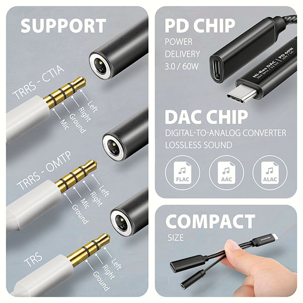 AXAGON ADA-HCPD, USB-C na 3.5mm jack - Hi-Res DAC audio adaptér, 384kHz/ 32bit, stereo, PD 60W 3A 