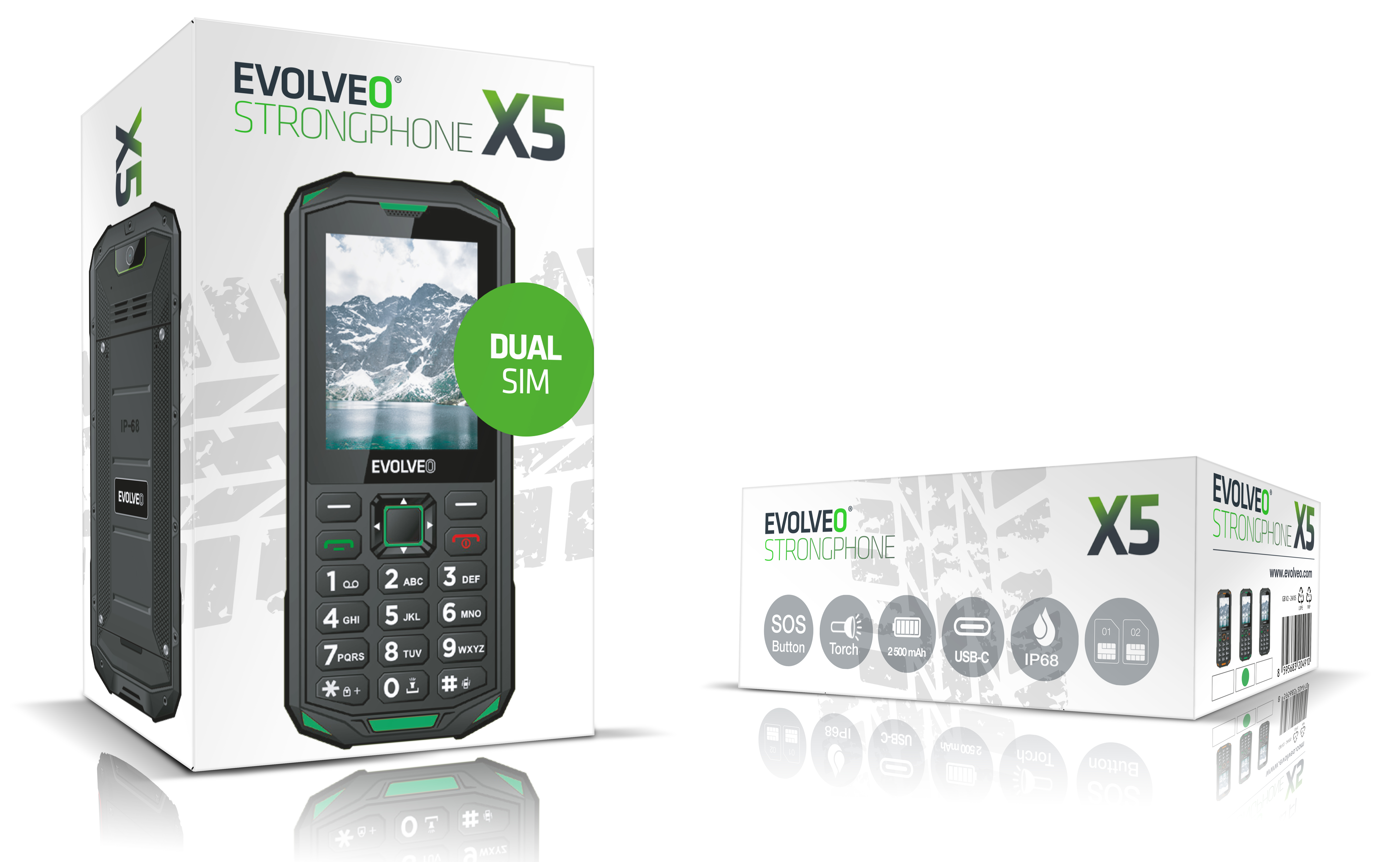 EVOLVEO StrongPhone X5, IP68 odolný Dual SIM telefón, 2, 4" LCD, 2500mAh, čierno-zelený 