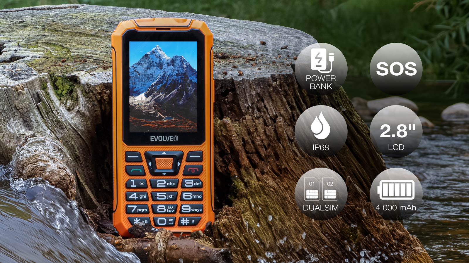 EVOLVEO StrongPhone Z6, IP68 odolný Dual SIM telefón, 2, 8" LCD, 4000mAh, Powerbanka, , oranžový 