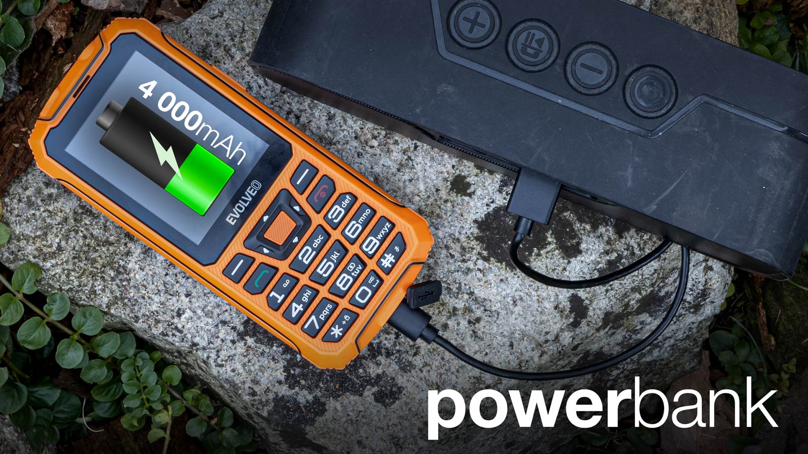 EVOLVEO StrongPhone Z6, IP68 odolný Dual SIM telefón, 2, 8" LCD, 4000mAh, Powerbanka, , oranžový 