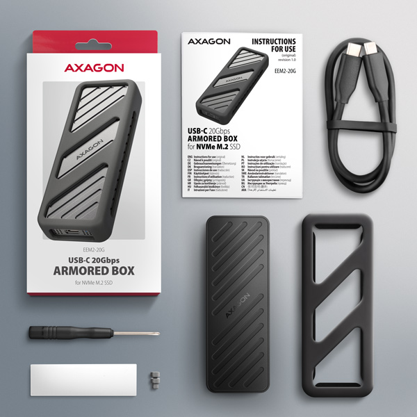 AXAGON EEM2-20G, USB-C 20Gbps - M.2 NVMe SSD kovový ARMORED box 