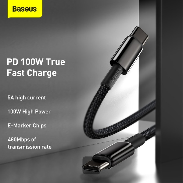 Baseus dátový kábel Tungsten Gold USB-C/ USB-C 2m 100W čierny 