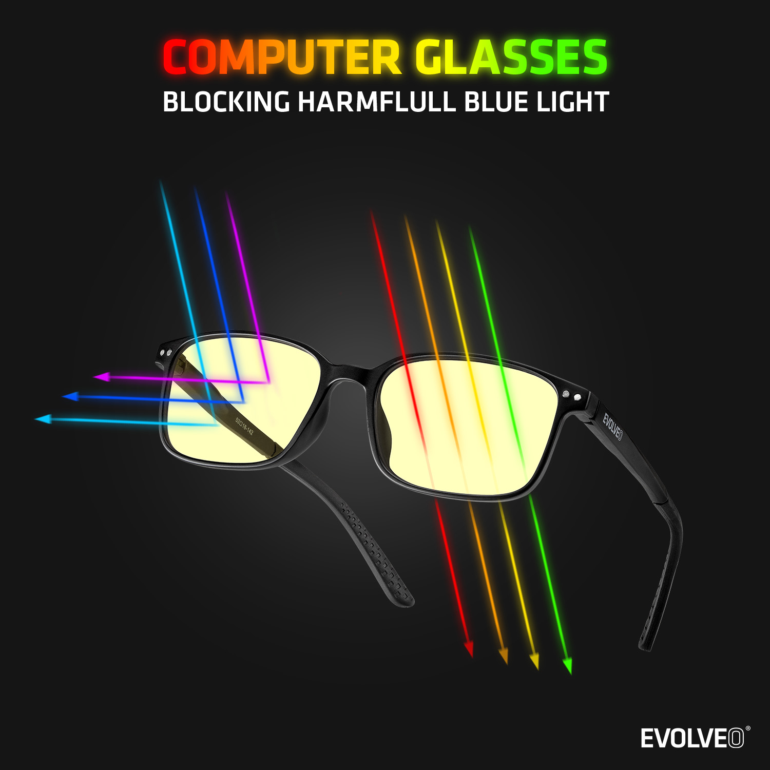 EVOLVEO BlueBlock40, PC okuliare, blokácia modrého svetla 40%, nedioptrické, čierne 
