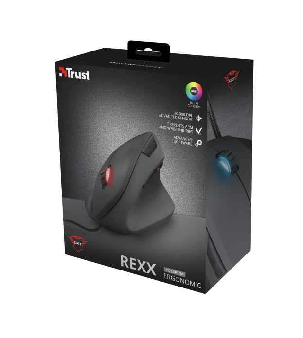 TRUST GXT 144 Rexx/ Vertikálna/ Optická/ Pre pravákov/ 6 000 DPI/ Drôtová USB/ Čierna 