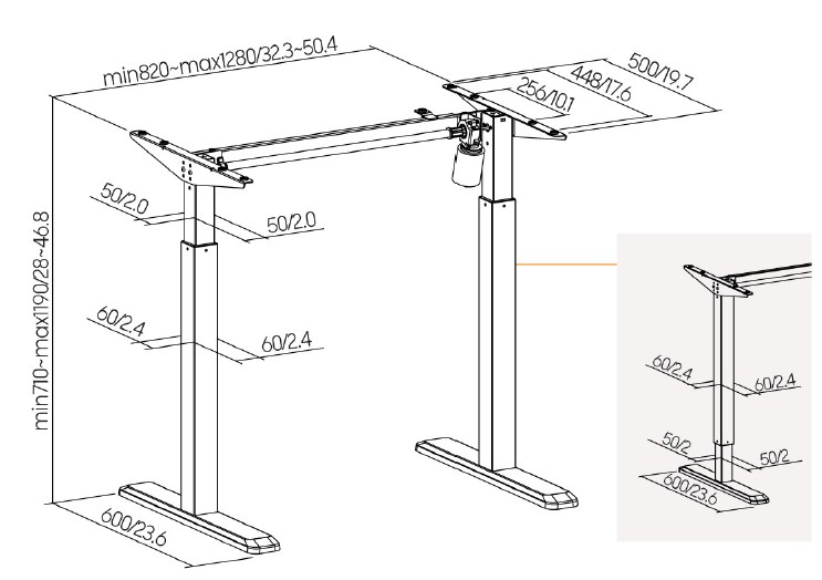 Výškovo nastaviteľná stolová podnož Brateck S03-22DE 1 motor rozsah 710-1190 mm nosnosť 80 kg 