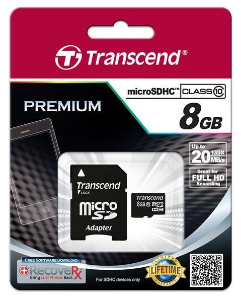 Karta TRANSCEND MicroSDHC 8 GB triedy 10 + adaptér2
