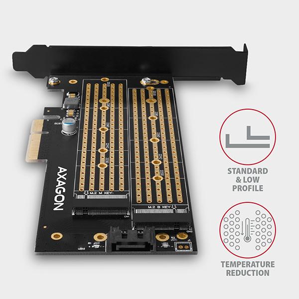 AXAGON PCEM2-D,  PCIe x4 - M.2 NVMe M-key + SATA B-key slot adaptér,  vrátane. LP2